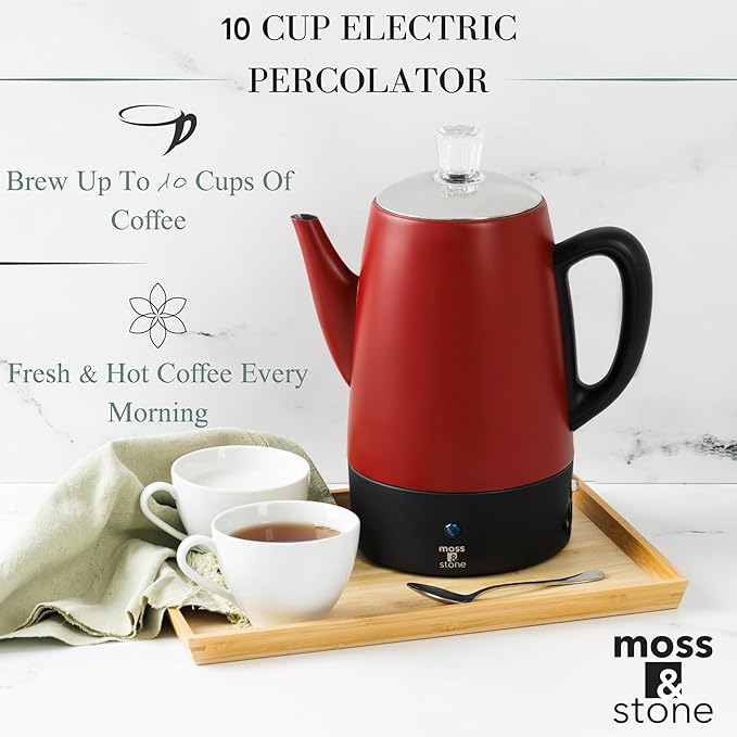 Moss & Stone Electric Coffee Percolator – Red Body Coffee Maker with Stainless Steel Lid, Percolator Electric Pot, Fast Boil 10 Cup Red Camping Coffee Pot