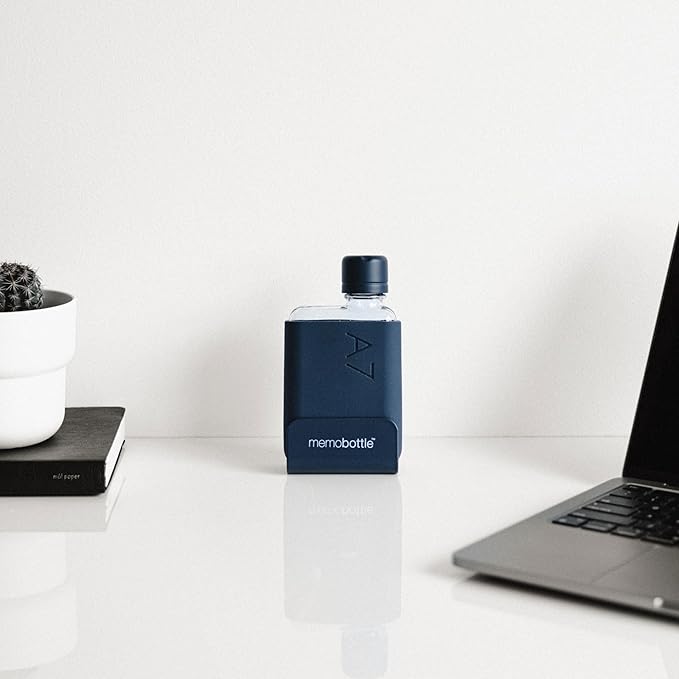memobottle A7 (Midnight Blue) Bundle - 6oz (180ml) - Bottle, silicone sleeve & lid | Compact Flat Bottle for Bags & Pockets | BPA Free Tritan | Modern & Minimalist | For Gym, Work & Travel