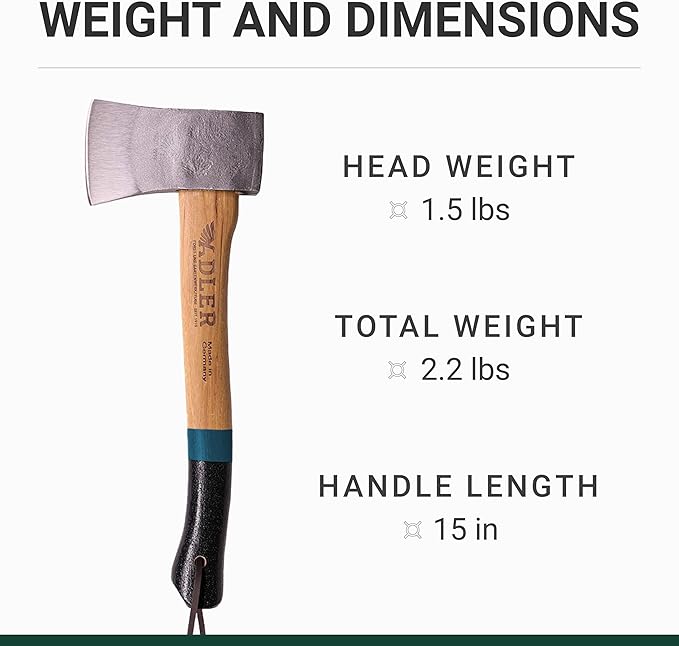 Adler - The Yankee, 15", German Forged, All-Purpose Wilderness Camping Hatchet & Kindling Splitting, Anti-Slip Wood Handle (Red Stripe)