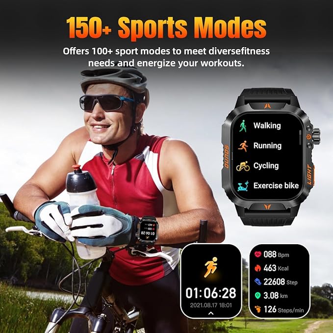 Military Smartwatch for Men LED Flashlight Bluetooth Call & IP68 Waterproof Heart Rate Blood Oxygen & Sleep Tracker Fitness Pedometer Android/iOS Compatible - Ideal for Hunting Hiking & Extreme Sports