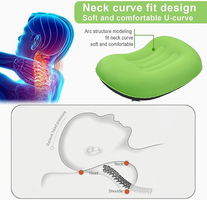 Portable Inflatable Neck Pillow for Outdoor Travel, Camping, Office Naps-Polyester ,Color Available-Simple and Comfortable (16.5 * 12.6 * 4.3in, Green)