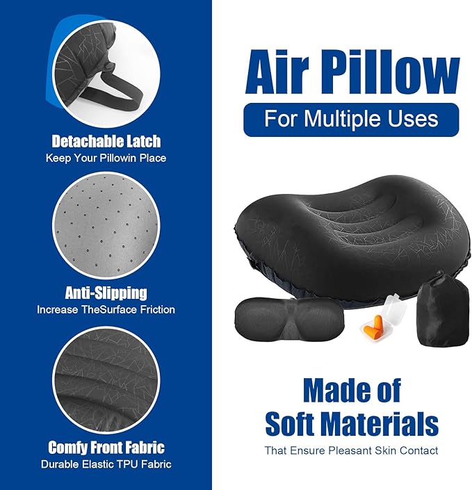 DAWNTREES Inflatable Pillow for Camping,Portable Compressible Ultra-light Travel Inflatable Pillow for Sleeping,Support The Neck and Lumbar,Backpacking Essentials (Black)