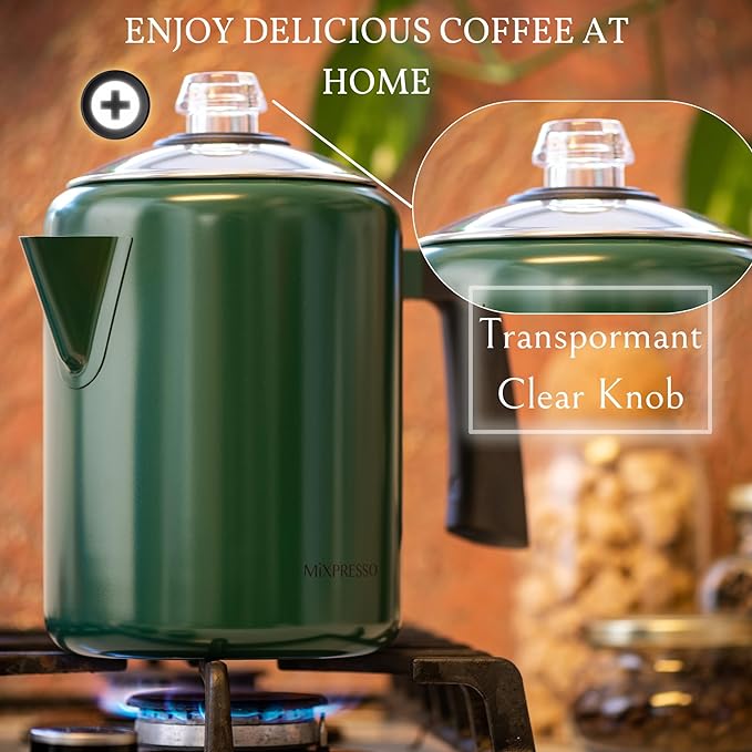 Mixpresso Green Stainless Steel Coffee Percolator Stovetop, 37oz Classic Percolator Coffee Pot, Excellent For Camping Pot, 5-8 Cup Stove Top Coffee Maker, Cool-Touch Handle
