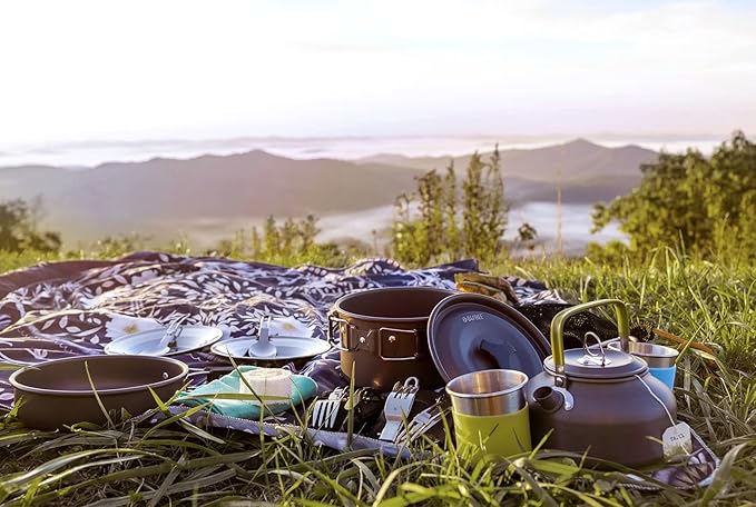 G4Free 19PCS Camping Cookware Mess Kit Non-Stick Pot and Pan Set with Kettle Stainless Steel Cups Plates Forks Knives Spoons Lightweight for Hiking Backpacking Cooking Picnic