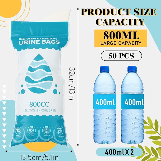 Nuogo 50 Pcs Disposable Urinal Bag Portable Camping Pee Bags Unisex Female Urinal Vomit Bags for Travel, Camping, Hiking for Women Men Kids Patient