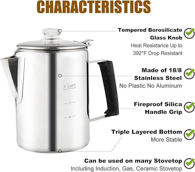Multi Use 9 Cup Coffee Pot Bundle Coffee Percolator with 2 Mugs Stainless Steel Coffee Maker with Two Heat Resistant Borosilicate Glass Knob Fireproof Silica Handle Using on any Stovetop
