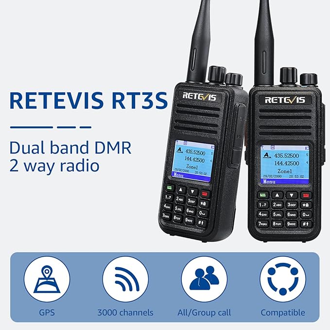 Retevis RT3S Dual Band DMR Radio, Digital Analog 2 Way Radio with GPS APRS, 3000Ch 120000 Contacts 2000mAh, Long Range Handheld Walkie Talkie for Traveling Hiking (Black 1 Pack)