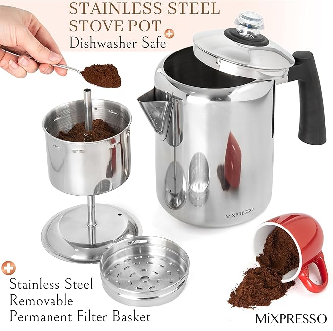 Mixpresso Stainless Steel Coffee Percolator Stovetop, 37oz Classic Percolator Coffee Pot, Excellent For Camping Pot, 5-8 Cup Stove Top Coffee Maker, Cool-Touch Handle