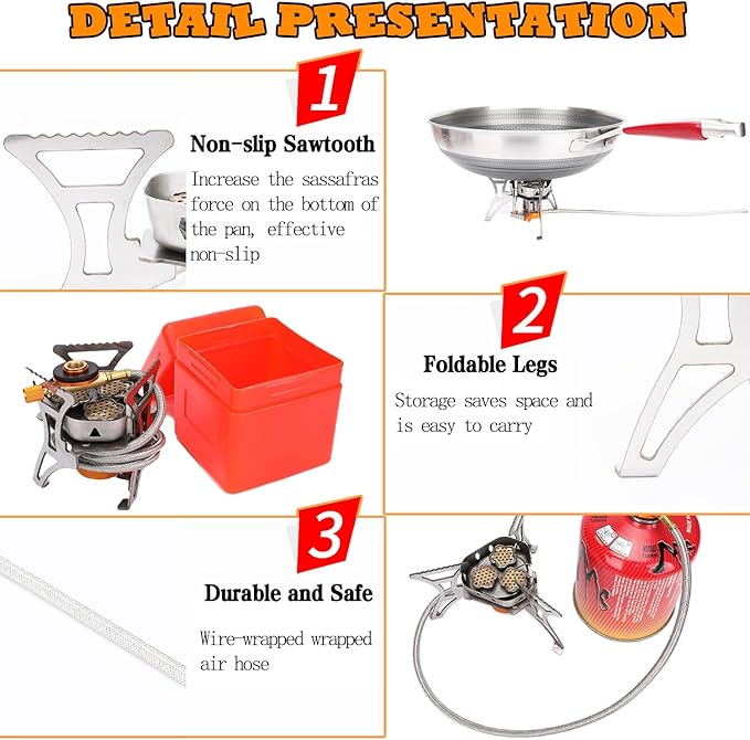 SVNVIOZ Camping Stove, Windproof Backpacking Stove with 3 Burner Cores, Piezo Ignition, Storage Box, 2 Types Fuel Canister Adapters, Camping Gear Portable Stove for Outdoor Camping Hiking Cooking