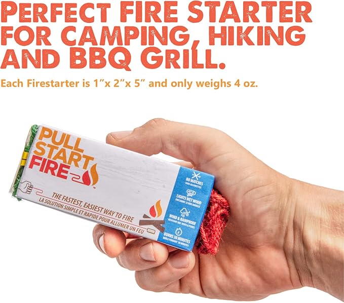 Pull Start Fire Pull String Firestarter | No Matches Required, Fire Starts in Seconds | for Campfires, Grill, Fireplace, BBQ | Lights Wet Wood, Easy to Use, Food Safe and Weather Resistant | 4 Pack