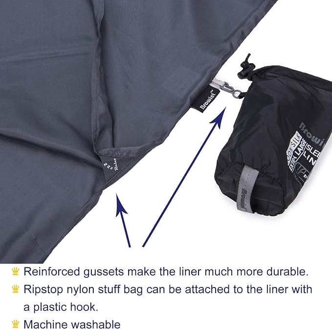 Browint Silk Sleeping Bag Liner, Silk Sleep Sack, Extra Wide 87"x43", Lightweight Travel Sheet for Hotels, More Colors for Option, Reinforced Gussets