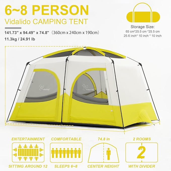 Vidalido Tents,6-8 Person Camping Tent with Extended Vestibule,2 Room Weather Resistant Family Tents,Easy Install Waterproof Outdoor Tent for Backpacking and Camping Hiking