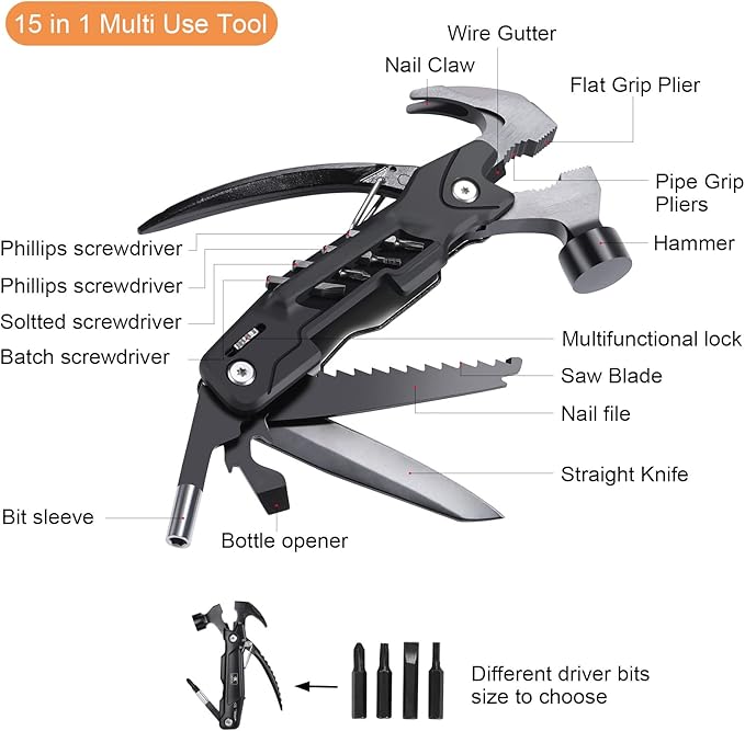 Multi-Tool Hammer Multi-Functional 15 in 1 Mini Pliers Camping Gear Survival Tool for Men, DIY Handyman, Father/Dad, Husband, Boyfriend, Women, All in One Survival Tools Small Hammer Multitool