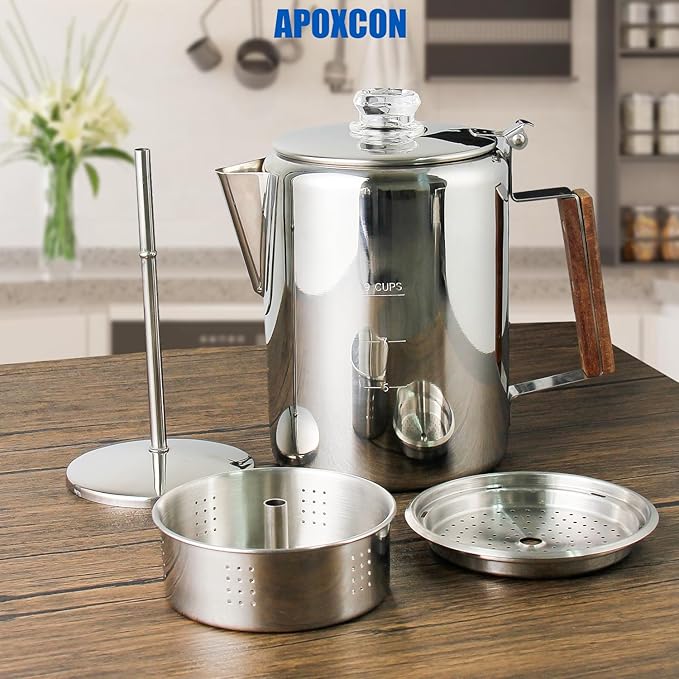 Coffee Percolator Camping Coffee Pot Stainless Steel Coffee Maker with Two Heat Resistant Tough Glass Knob Using on any Stovetop Outdoor Traveling NO Aluminum NO Plastic (9 Cup)