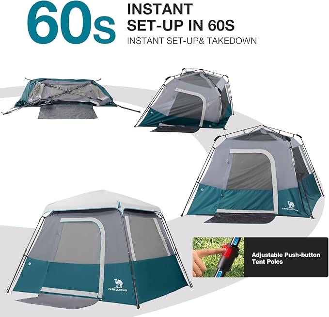 CAMEL CROWN Cabin Tent with 1-Minute Setup, 4/6 Person Instant Tent with Weatherproof Floor