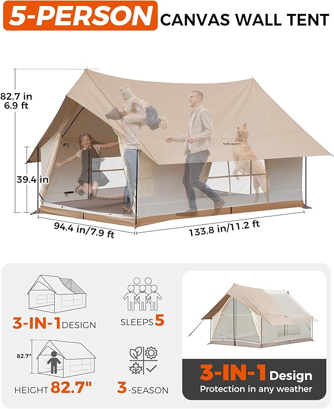 KingCamp Camping Tent 6-8 Person, Weatherproof Hot Tent Large Family Cabin Tents with Stove Jack, Waterproof & Windproof for Family Camping & Outdoor Parties