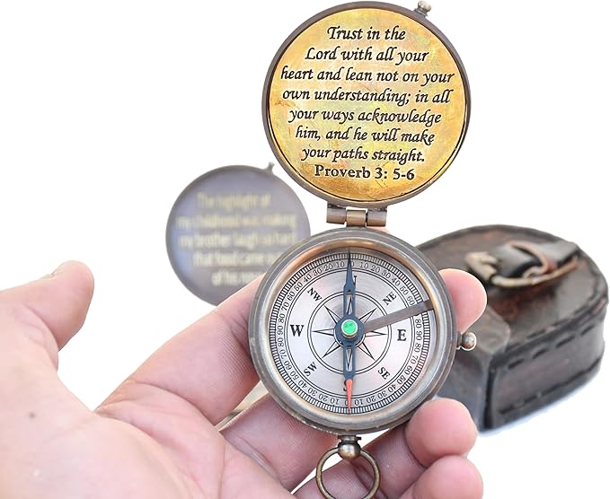 Trust in The Lord with All Your Heart -Proverbs 3: 5-6 Quote Engraved Compass with Leather Box, Compass Gift, 2023 Graduation Day Gifts- Baptism Gifts Compass