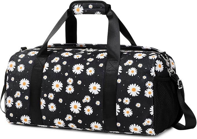 Dance Bag for Girls Corduroy Kids Duffel Bag Ballet Bag for Girls Teen Women Sports Gym Bag Water Resistant Travel Duffle Bags with Shoes Compartment(black daisy)