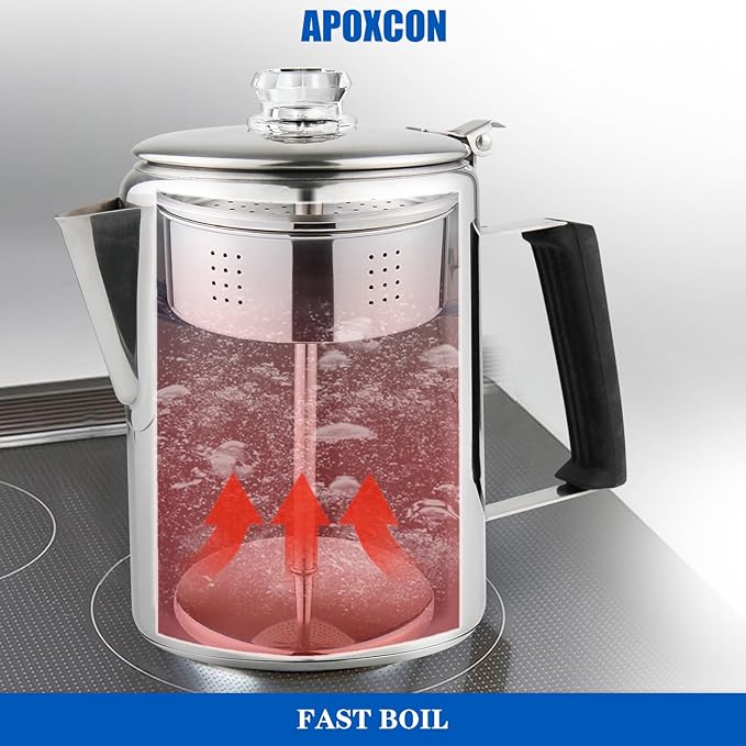 Multi Use Percolator Coffee Pot Stainless Steel Stove Top Coffee Maker with Two Borosilicate Glass Knob Silica Handle Camping Coffee Pot Using on Campfire Stove & Induction Cooker Silver 9 Cup