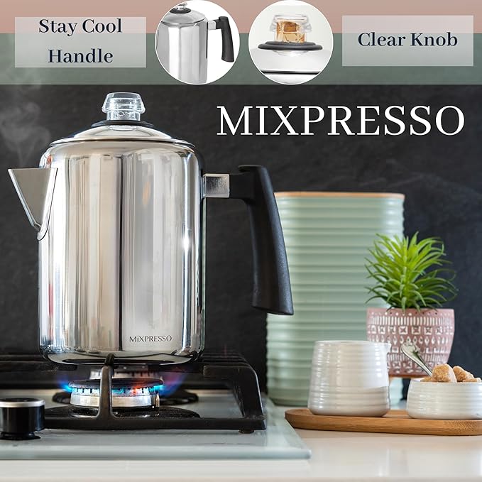 Mixpresso Stainless Steel Coffee Percolator Stovetop, 37oz Classic Percolator Coffee Pot, Excellent For Camping Pot, 5-8 Cup Stove Top Coffee Maker, Cool-Touch Handle
