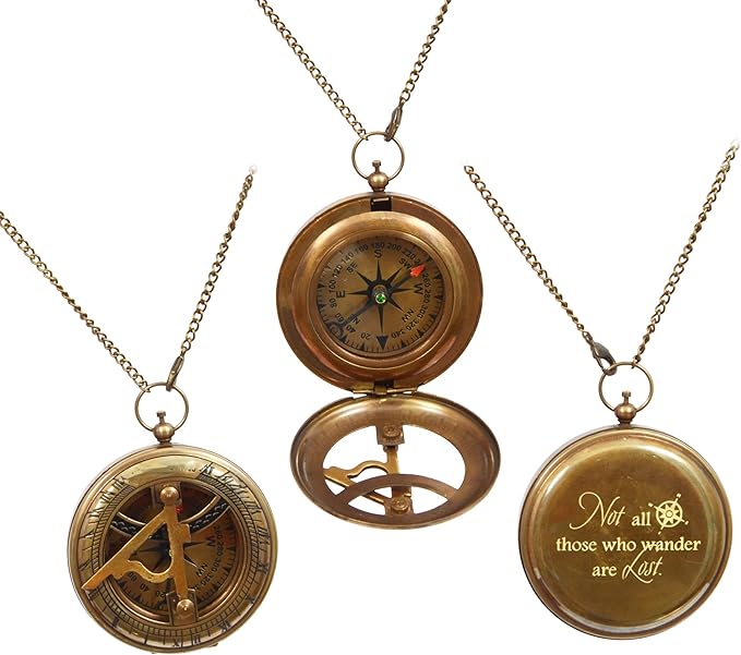 PORTHO Engraved Sundial Compass with Leather case for Traveler Inspirational Adventurer Wedding Baptism Gift for him