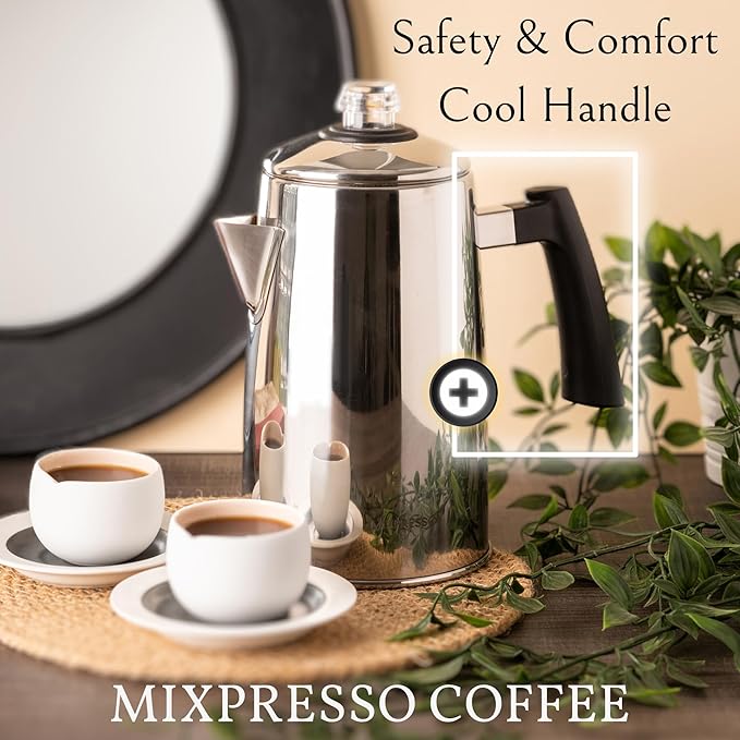 Mixpresso Stainless Steel Stovetop Coffee Percolator, 52 oz Classic Percolator Coffee Pot, Excellent As Camping Pot, 12 Cup Stainless Steel Camping Coffee Makers, Cool-Touch Handle.