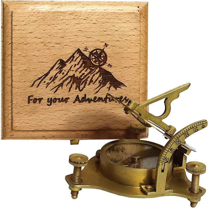 Compass with for Your Adventures Engraved on Wooden Box | Brass Pocket Compass Gifts for Men, Him, Son, Husband, Grandson, Boys | Sundial Compass Gift for Graduation, Baptism, Confirmation