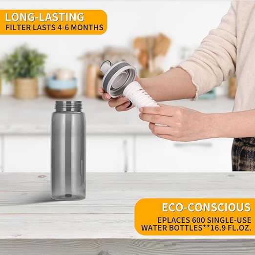 Filtered Water Bottle,Camping Water Purifier Bottle,Portable Press Water Bottle with Filter for Hiking,Travel,Survival,Backpacking, Drinking, Emergency,Black