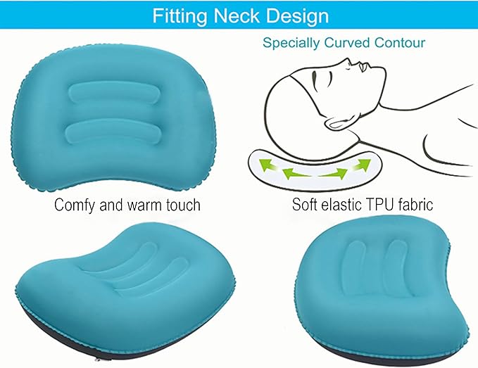 Portable Inflatable Neck Pillow for Outdoor Travel, Camping, Office Naps-Polyester,Color Available-Simple and Comfortable (Cyan)