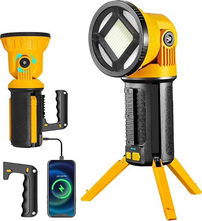 Rechargeable Work Light, Gifts for Dad 5000 Lumen LED Work Lights with Foldable Tripod Stand, Detachable Handheld Flashlight, Cordless Job Site Lighting for Camping Hiking, Large