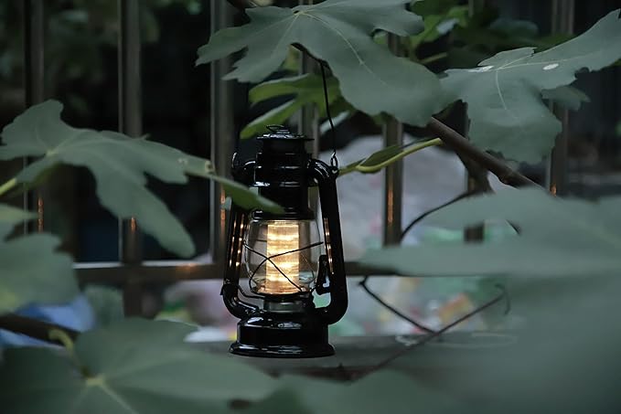 YAKii LED Vintage Lantern Metal Hanging Hurricane Lantern 12 LED Dimmer Switch Warm White Battery Operated Lantern Power Outage Indoor Camping Lighting Outdoor Brooklyn Lantern (Black 2 Pack)