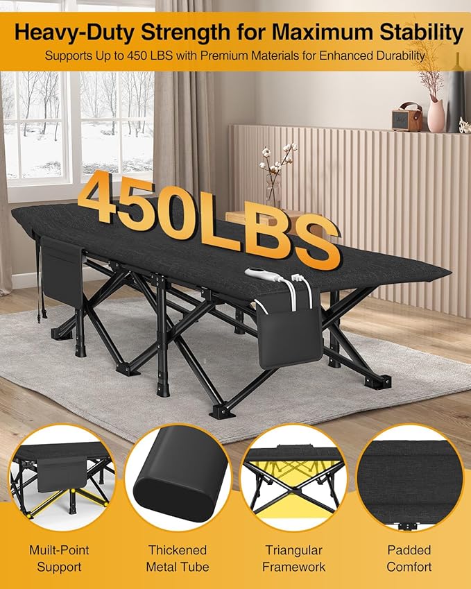 ZENPETIO Heated Camping Cot for Adults, Durable Foldable Cot Bed with Pad & Carry Bag, Portable Sleeping Cot for Camping Home Guest Stay, Direct Plug-in Design for Reliable Heating, Black