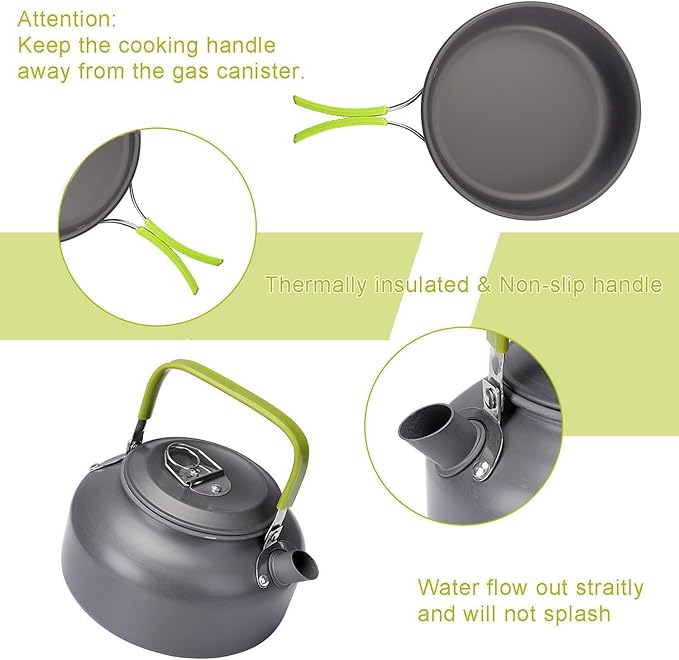 Peidesi Camping Cookware Mess Kit, Portable Camp Stove Pots and Pans Set, Carabiner, Folding Knife, Fork Spoon Kit, Carry Mesh Bag,Teapot for Backpacking, Outdoor Camping, Hiking and Picnic(16Pcs)