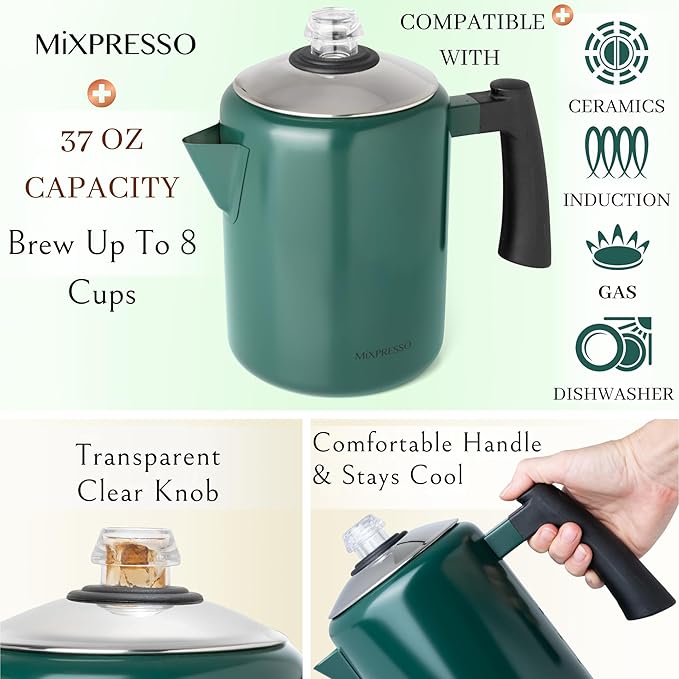 Mixpresso Green Stainless Steel Coffee Percolator Stovetop, 37oz Classic Percolator Coffee Pot, Excellent For Camping Pot, 5-8 Cup Stove Top Coffee Maker, Cool-Touch Handle