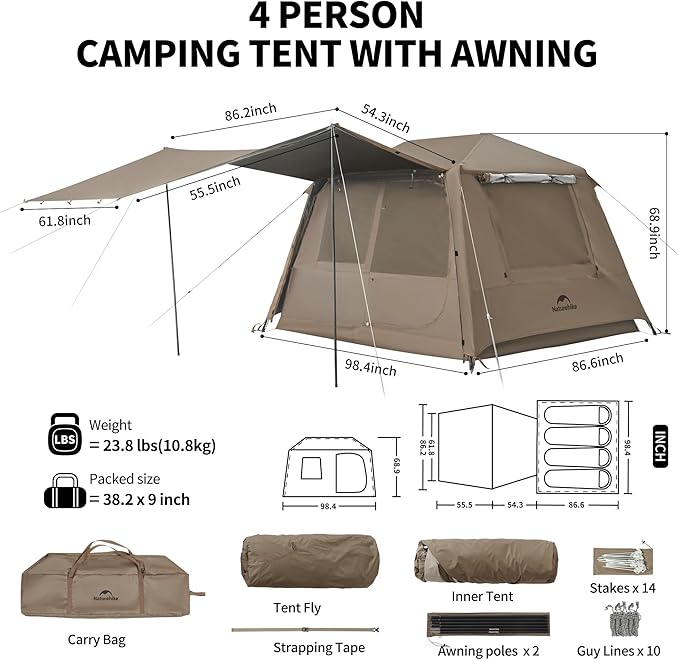 Naturehike Village 5.0 Blackout Tent, 4 Person Tents for Camping, Easy Set up Instant Pop up Tent with Awning & Awning Poles