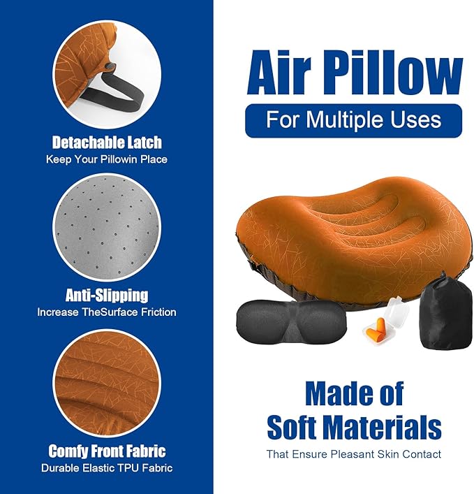 DAWNTREES Inflatable Pillow for Camping,Portable Compressible Ultra-light Travel Inflatable Pillow for Sleeping,Support The Neck and Lumbar,Backpacking Essentials (Orange)