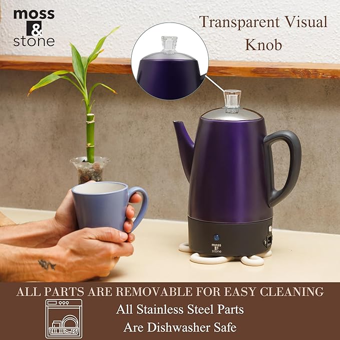 Moss & Stone Percolator Coffee Pot Electric 10 Cup, Stainless Steel Purple Coffee Maker, Coffee Percolator Electric With Keep Warm Function, 10 Cups Stainless Steel Percolator With Coffee Basket
