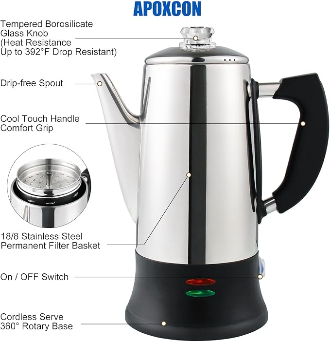 Electric Coffee Percolator Stainless Steel Coffee Maker with Heat Resistant Tough Glass Clear Brew Progress Knob, Keep Warm & Cordless Serving Classic Coffee Pot with On/OFF Switch 12 Cup