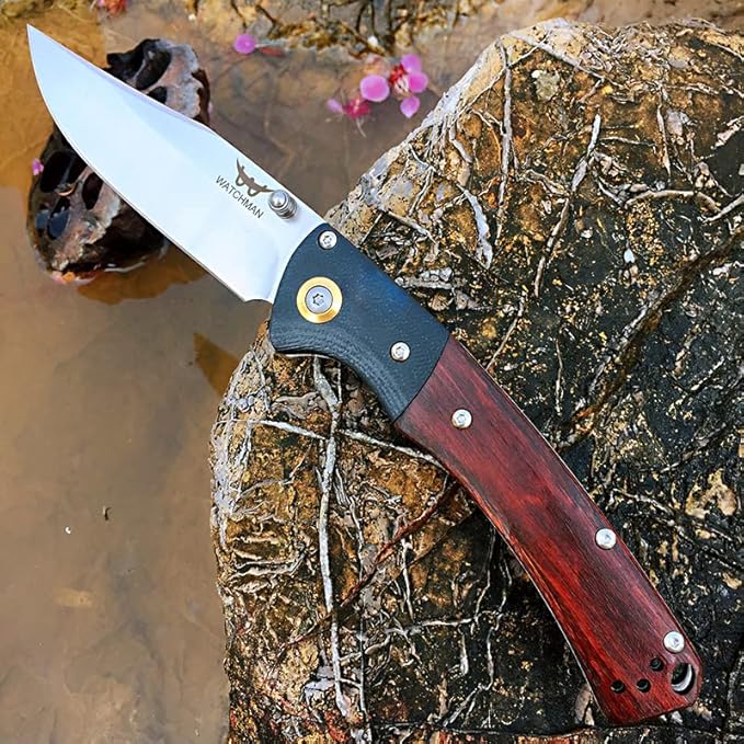 Watchman HD01 Pocket Folding Knife Stainless Steel D2 Blade Wood Handle with Clip Fishing Camping EDC Knife