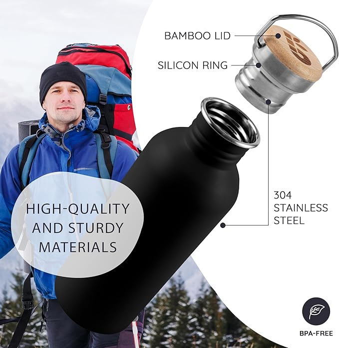Bambaw 32 oz Water Bottle, Black Water Bottle Non-insulated, Single Wall Stainless Steel Bottle, Metal Water Bottle, Large Water Bottle 32oz, Reusable Water Bottle for Men and Women – Jet Black