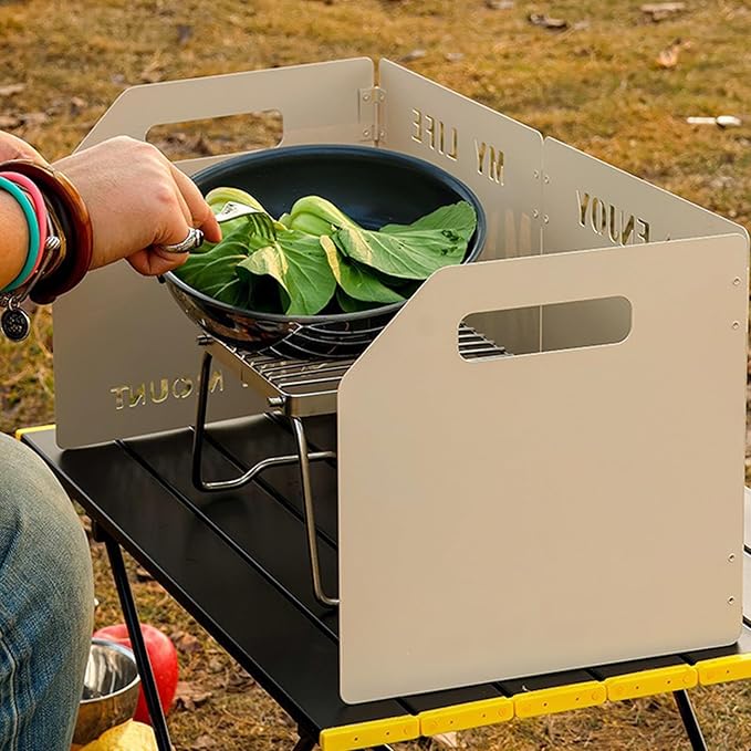 Stove Windscreen - Folding Camping Stove Windshield 4 Plates Stainless Steel Stove Windscreen for Outdoor, Picnic, Backpacking and Cooking Beige