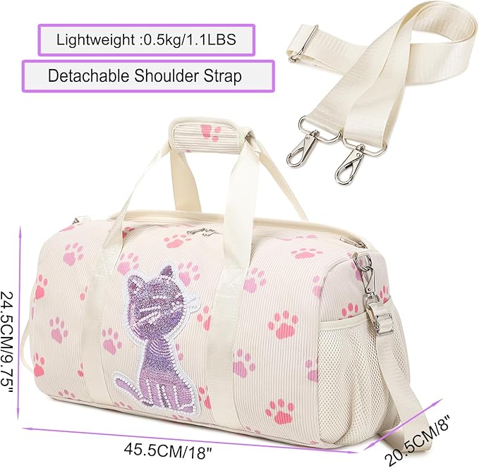 Dance Bag for Girls Sports Duffle Bag Teen Gym Bag Ballet Bag with Separate Dry Wet Pocket and Shoes Compartment Weekender Overnight Bag for Teen Girls Corduroy Sequined Cat(Cat Beige)