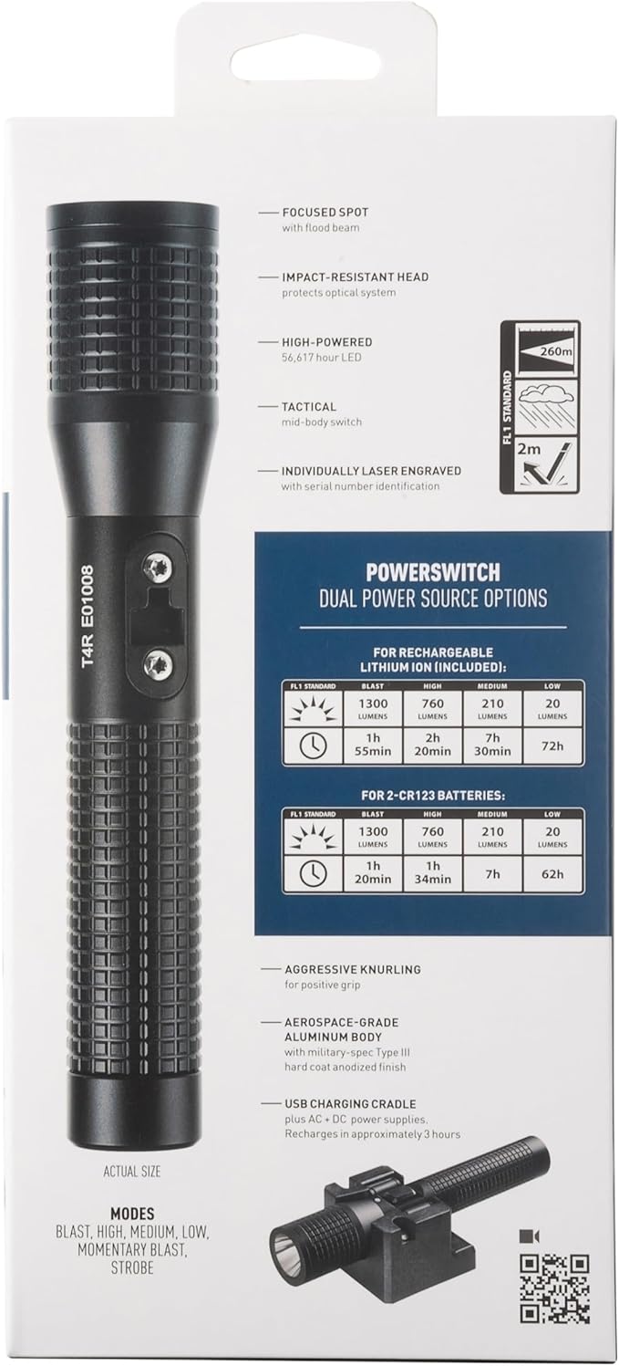 Nite Ize INOVA T4R Powerswitch Rechargeable Tactical Flashlight - 1300 Lumen Tactical Flashlight with Professional-Grade USB Charging Cradle & AC/DC Adapters - Flashlight for Camping, Biking & Hiking
