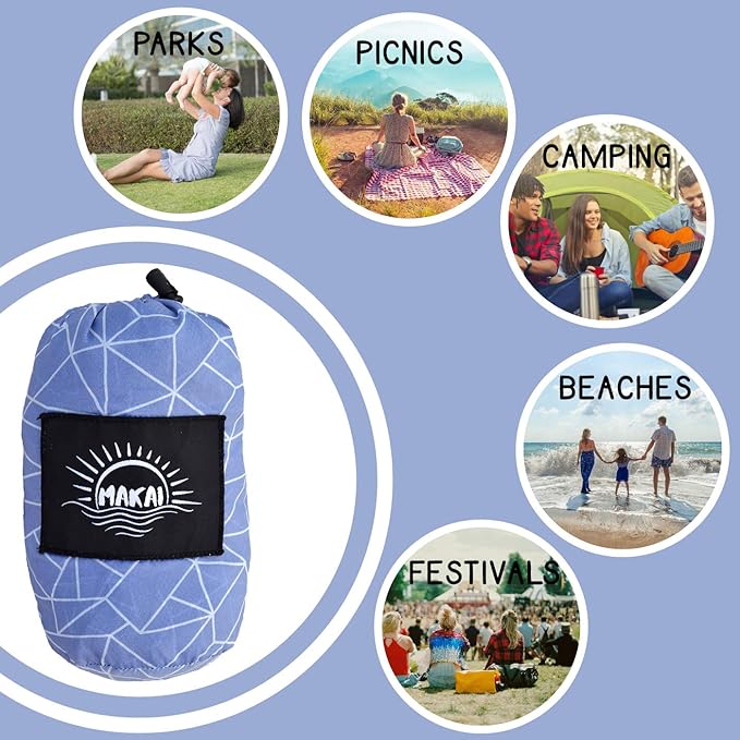Makai – Lightweight Sheet Style Beach Blanket, Sand Dosen't Stick, Extra Large 8’ x 9’, Compact Strong Parachute Nylon Beach Mat, Stays Cool, Quick Drying, Multifunctional