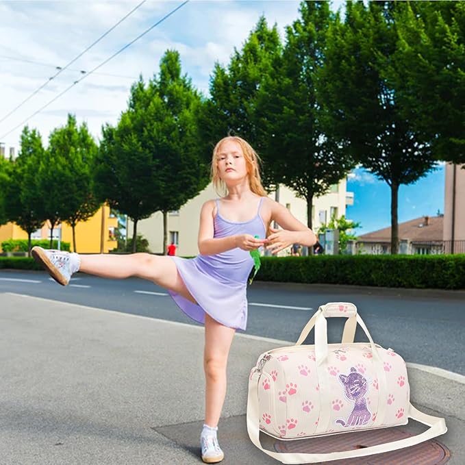 Dance Bag for Girls Sports Duffle Bag Teen Gym Bag Ballet Bag with Separate Dry Wet Pocket and Shoes Compartment Weekender Overnight Bag for Teen Girls Corduroy Sequined Cat(Cat Beige)