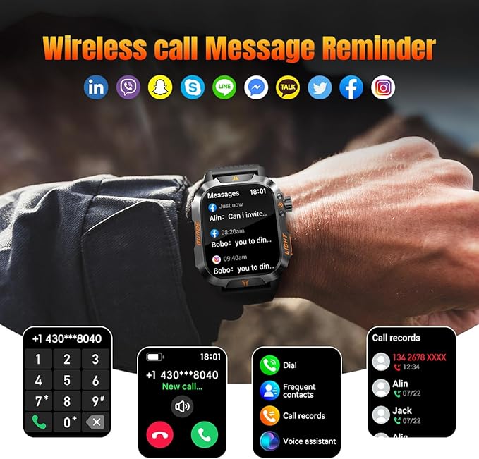 Military Smartwatch for Men LED Flashlight Bluetooth Call & IP68 Waterproof Heart Rate Blood Oxygen & Sleep Tracker Fitness Pedometer Android/iOS Compatible - Ideal for Hunting Hiking & Extreme Sports