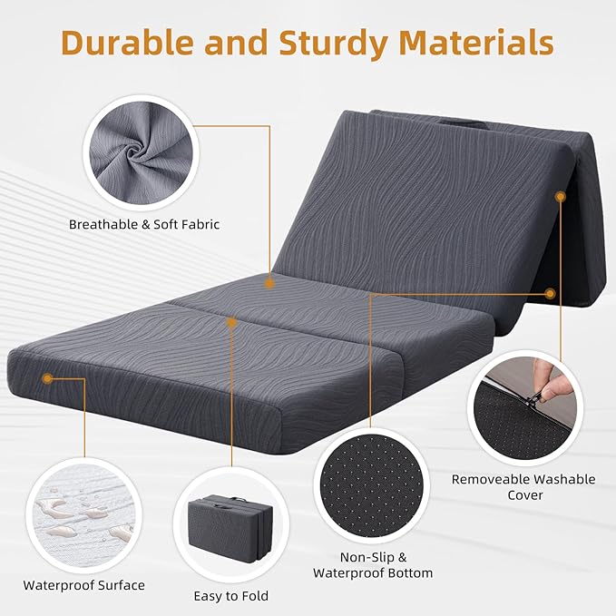 Memory Foam Camping Mattress Pad, 4 Inch Thick Waterproof Foldable Sofa Bed Floor Mattress, Portable Sleeping Pad for Adult, Sleeping Mat for Travel RV Camping Guest Yoga
