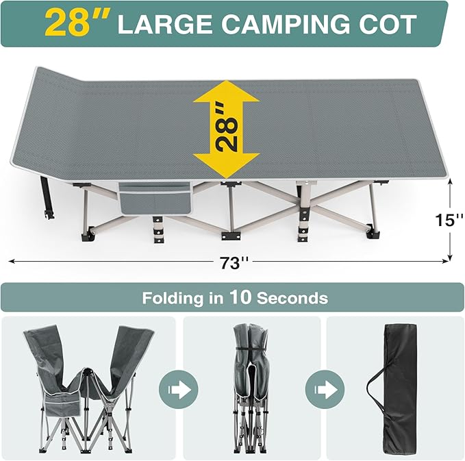 ZENPETIO Camping Cot for Adults, Heavy-Duty Portable Cot Bed with Mattress, Foldable Padded Sleeping Cots for Camping Travel Tent Day Bed Outdoor & Home Guest, Max Load 500 LBS, 75x28x15”