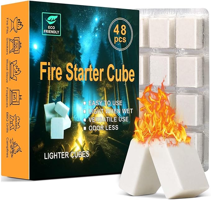 Fire Starter Squares for Campfires: All Weather Camping Fire Starters Cubes | Quick & Odorless Firestarters for Fireplaces | Wood Stove | Grills | Fire Pit | BBQ - 48 Count