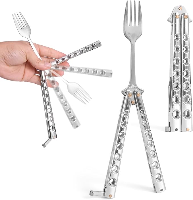 Caliber Gourmet Tactical Butterfly knife style Fork-Folding Stainless Steel Camping Hiking BBQ Grill Picnic Flatware Utensil